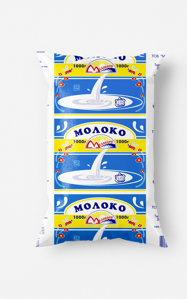 Молоко пастеризоване 3,2% Медобори 1000 гр плівка